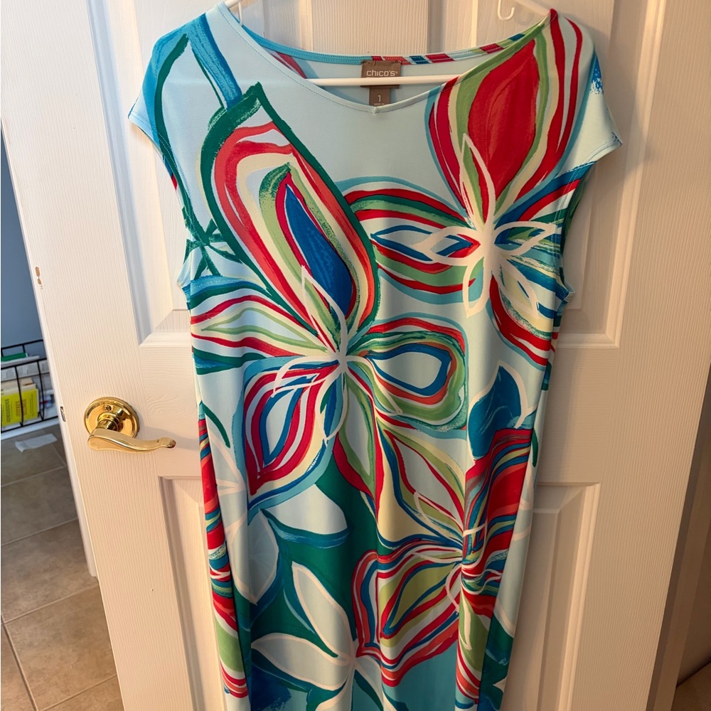 Chico's Light Aqua Floral Shift Dress with Red and Green Accents